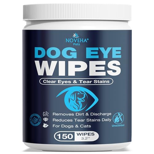 NOVEHA 150PCs Dog Eye Wipes Tear Stain Remover For Discharge and Crust | White Dog Face Wipes | Easy Daily Pets Gentle Eye Cleaner for Whitening &amp; Cleansing Without Irritation | Round Wipes