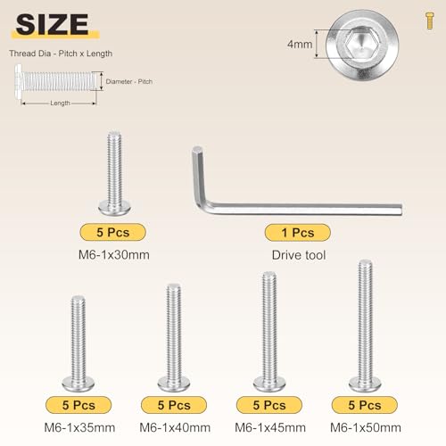 Image of METALLIXITY Flat Head Hex Socket Cap Screws Bolts(M6-1x30 /35 /40 /45 /50) 25Pcs, with Wrench Steel Hex Socket Furniture Bolts Screws - for Furniture Woodworking Project, Silver Tone