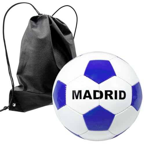 ms móvil shop Balón Fútbol Madrid Talla 5 Color Morado Pelota + Mochila Negra para Llevar a la Playa, Piscina, Campo.