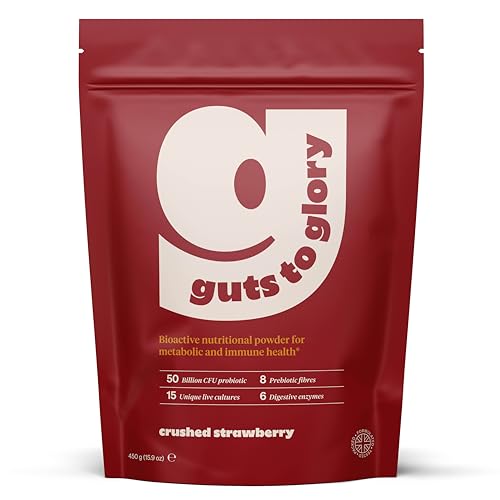 Guts to Glory - Gut Health Blend Made in UK with wholefoods - 50 Billion CFU Complete Gut Powder - Probiotics Prebiotics/Fibre Digestive Enzymes - Vegan Gut Health - (Crushed Strawberry)