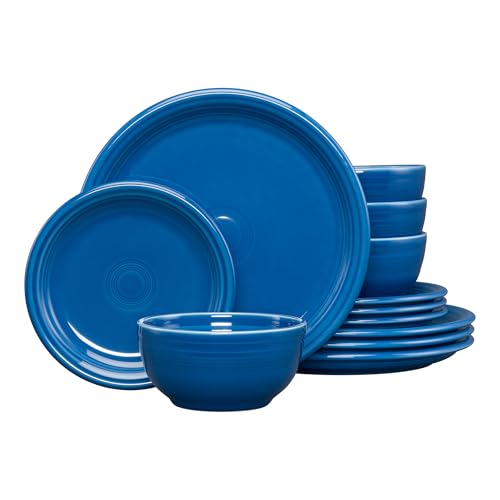Fiesta Bistro Coupe 12-Piece Dinnerware Set Durable Ceramic Lead-Safe Dishwasher/Microwave/Oven Safe Made in USA Dinnerware - Lapis
