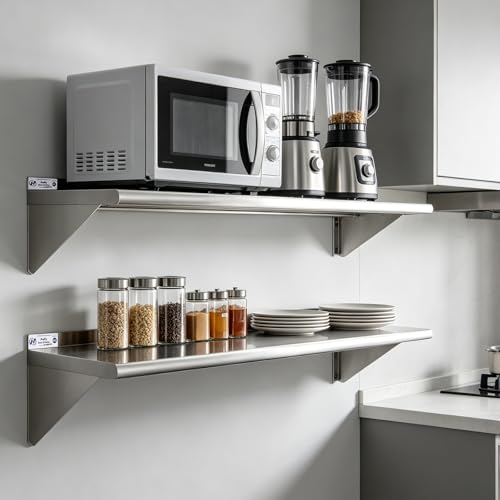Image of Hally Stainless Steel Shelf Wall Mounted Metal Shelf Wall Shelf 12 x 48 NSF Heavy Duty 280 lb Capacity, Commercial Wall Mounted Storage Rack for Kitchen, Garage, Laundry Room 2 Pack