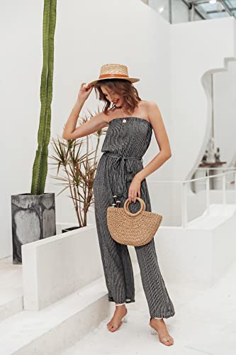 Miessial Women's Summer Sexy Tie Romper Off Shoulder Strapless Casual Jumpsuit Wide Leg Pants Jumpsuit Black 8 #TOP2