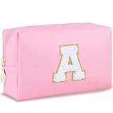 URSKYTOUS Initial Makeup Bag Personalized Preppy Cosmetic Bag Travel Toiletry Bag Waterproof PU Small Makeup Pouch Bag for Purse Birthday Gift Cute Stuff for Teen Girls Women (Pink A)