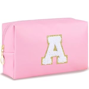 Initial Makeup Bag Personalized Preppy Cosmetic Bag Travel Toiletry Bag Waterproof PU Small Makeup Pouch Bag for Purse Birthday Gift Cute Stuff for Teen Girls Women (Pink A)