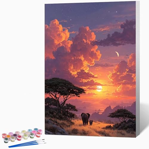 数字油絵 風景 ペイントバイナンバー 象, ナンバーペイント大人のDIYセット(ブラシとアクリル絵の具を含む)、クリエイティブな手作りの油絵セット、女性へのデジタル絵画ギフト、壁の装飾 40×50cm -WX2510875