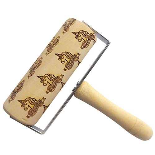 Iusun Christmas Wooden Rolling Pin Push Type Engraved Embossing Flower Brid Cat Deer Pattern for Baking Embossed Cookies Noodle Biscuit Fondant Cake Kitchen Tool (E)