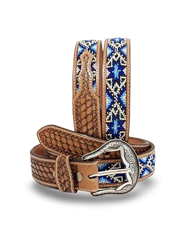 Beaded Western Belt for Men Full Grain One Piece Leather Belt Tooled Handmade with Buckle Engraved 1.5” Wide
