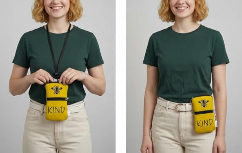 Image of Tainada Dual Zipper Neck Cell Phone Pocket Pouch w /Belt Loop (Be Kind Bee) | For Men /Women; Water-resistant neoprene material, shockproof, lightweight, w /carabiner; Compatible with most of smartphones