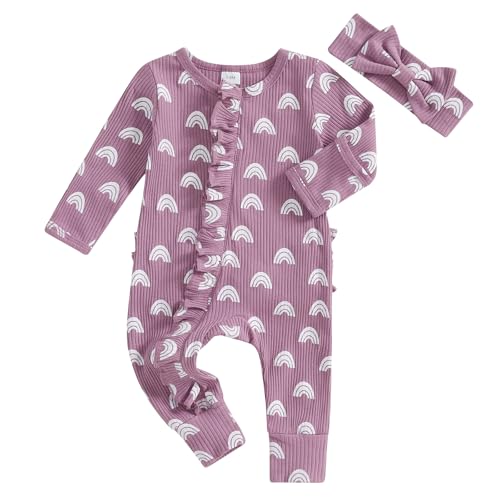 Image of Socutebabe Baby Girl Winter Clothes Newborn Going Coming Home Outfit Ruffle Romper Cute Ribbed Jumpsuit and Headband (Mitten Cuffs Rainbow Print Purple, 0-3 Months)