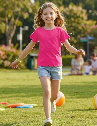 Image of Noomelfish Girls Short Sleeve Scalloped Edge T-Shirts Casual Cute Summer Tee Tops Blouse (5-12 Years)