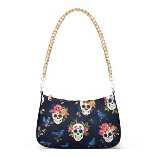 Clutch Shoulder Bags Tote Evening Purse Handbags for Women Skulls Roses Hobo Bags with Zipper Closure
