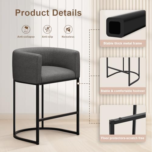Image of 26 inch H Counter Height Bar Stools Set of 4, Modern Barrel Counter Stools with Backrest and Arms, Linen Fabric Upholstered Accent Barstools for Kitchen Island,Support 450 LBS (Carbon Black)