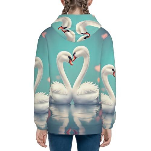 The swan in love Print Girls Athletic Zip Up Hoodies,Sweatshirts with Pockets Long Sleeve Hooded Jackets, for 7-18 Y4