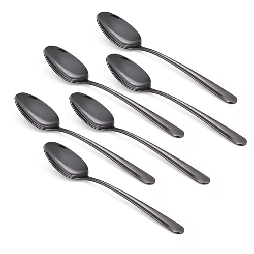 Image of Culinex 18 /8 Premium Stainless Steel 8.2 inch Black Dinner Spoon Set of 6 for Dining Table, Kitchen| Heavy, Rustproof, Designer Flatware By thinKitchen (Dora Series)