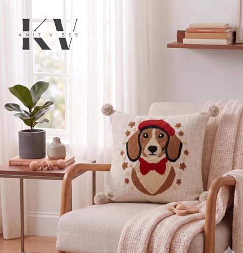 Image of Dog Embroidered Cushion Cover 16 x 16 Inches or 40x40 cms Cotton Fabric Cushion Covers for Sofa Set /Diwan Beds, Sofa Throw Pillow Cover only, Set of 1 Pc