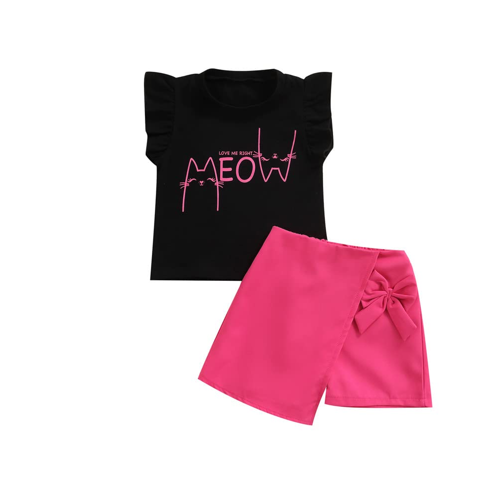 Kid Baby Girls Summer Outfit Cat Letter Print Fly Sleeve T-Shirt Tops+Solid Color Bow Decor Short Skirt Clothes Set (Rose Red,4-5T)