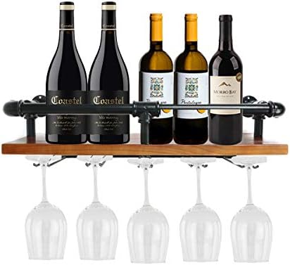 ZOVOTA Wall Mounted Wine Rack Hanging Glass Rustic Wine Rack with 5 Stem Glass Holder Floating Pipe Shelf Hanging Wood Shelf for Home Kitchen Bar