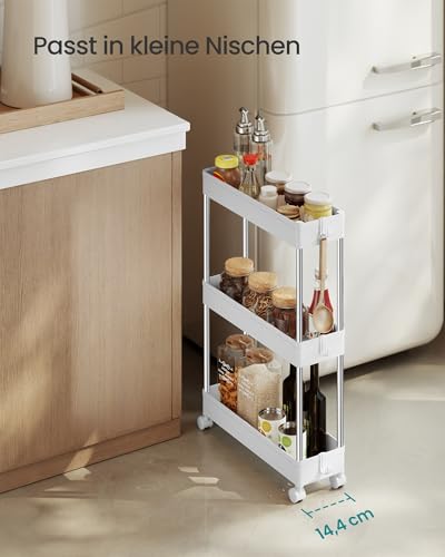 SONGMICS Rollwagen, Küchenwagen, Küchenregal, Nischenregal, mit 6 Haken, 360° drehbare Räder, Stahlgestell, Bad, Küche, Büro, 3 Ebenen, weiß KSC007W01