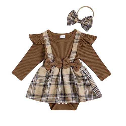 Image of Aiwpstoin Newborn Baby Girl Romper Fall Winter Outfit Plaid Romper Dress Long Sleeve Ribbed Knit Jumpsuit with Headband