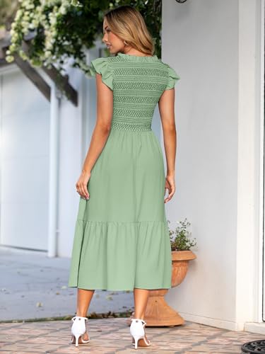 Image of Simplee Womens Summer Midi Dress Casual Boho Smocked Waist Flutter Sleeve A Line Flowy Tiered Dress with Pockets