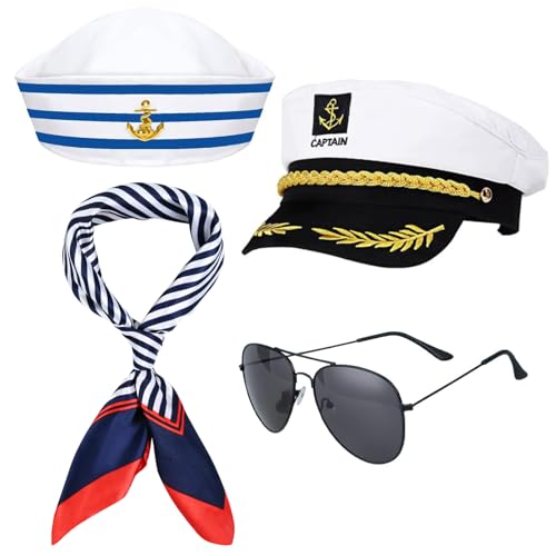 Matiniy 4Pcs Yacht Captain Sailor Costume Set IncludeHat Sailor Cap Sunglasses and Scarf for Adults Halloween Party Dress Up