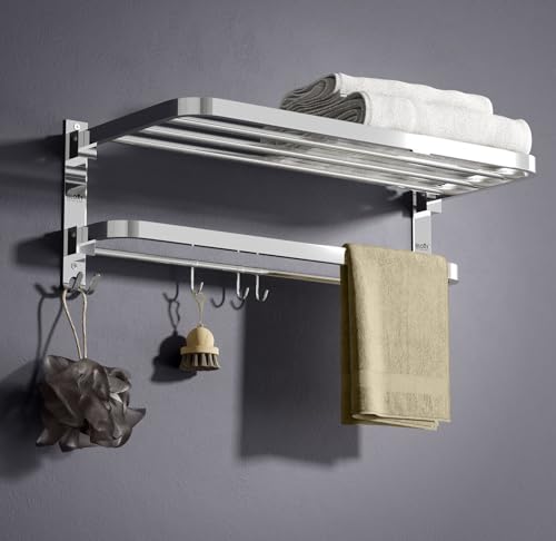 GLOXY Towel Rack in Bathroom - Stainless Steel Folding 24 Inches Large Towel Rack for Bathroom - Towel Stand for Bathroom Accessories Set and Fittings, Optimal Storage with Sleek Chrome Finish
