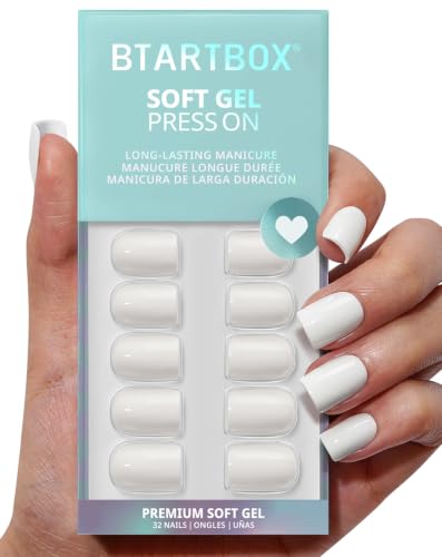 BTArtbox Press On Nails Square - Pastel White Short Press On Nails with Glue for Women Opaque Soft Gel Glue On Nails in 16 Sizes - 32 Stick On Nails Kit Note Book