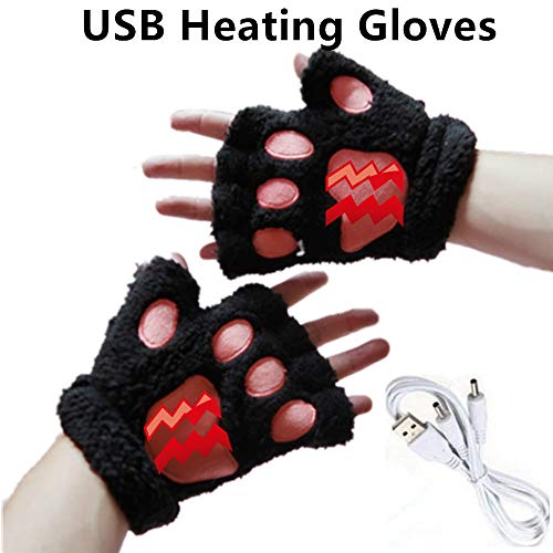 Kbinter USB 2.0 Powered Stripes Heating Pattern Knitting Wool Cute Heated Paw Gloves
