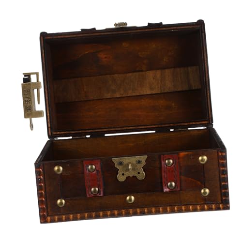 INOOMP Small Antique Wood Jewelry Storage Organizer with Lock Decorative Pirate Themed Keepsake Case for Trinkets and Small Items Dark Brown