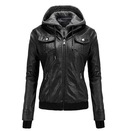 Manteau à capuche amovible en similicuir noir ajusté taille XL pour femme