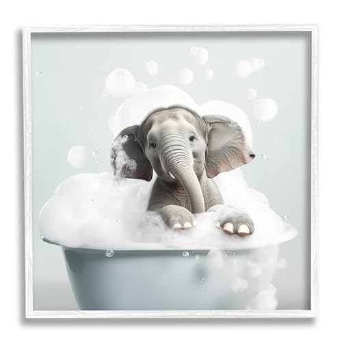 Image of 'Elephant Bubble Bath'| Framed Giclee Art | Stupell Industries | White, 24 x 24 Inches, Easy to Hang and Sturdy, Made in USA, by Lazar Studio