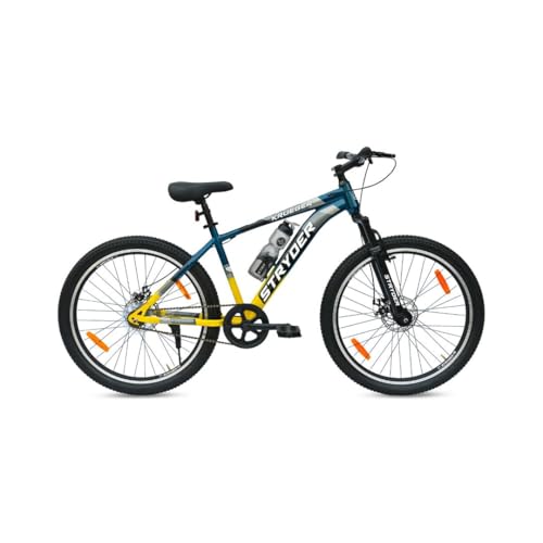 Image of Stryder 26T Krueger Mountain Cycle for Adults | Front Suspension | Dual Disc Brakes | Welded Steel Frame | Double Wall Alloy Rims | Unisex Bicycle | 90% Assembled | Blue and Yellow