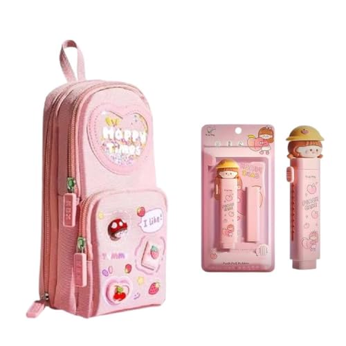 Image of Kawaii Pencil Pouch 3 Compartment Cute Pencil Poucha,Large Capacity for Cute Pencil Cases Erasers Free for Pencil Pouch Pencil for Kids (Erasers+Pink)
