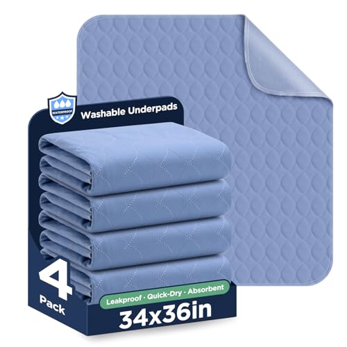Image of Washable Bed Pads 34 inch x 36 inch - 4 Pack, Blue, Waterproof Bed Pads for Incontinence, Bed Wetting Pads for Bed, Sofa, Floor, Resuable Underpads for Adults, Seniors, Pet