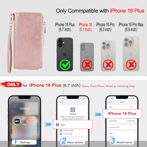 VANAVAGY Compatible for iPhone 16 Plus Case Wallet with Strap RFID Blocking Card Holder for Magsafe, PU Leather Magnetic Flip Wallet Detachable Phone Case with Kickstand for 16 Plus 6.7inch,Rosegold by VANAVAGY - Used condition - Image 2