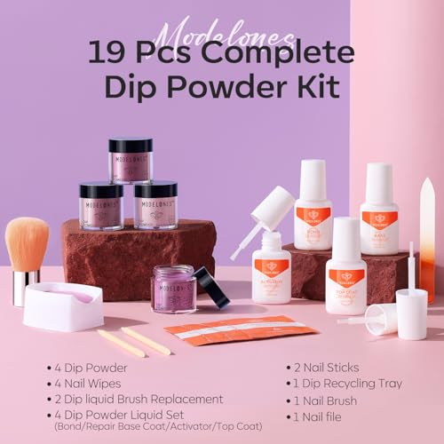 Modelones Dip Powder Nail Kit, Pink Purple 4 Colors Nail Dip Powder Kit Starter Set For Beginners With Dipping Powder Liquid Set thumb #1