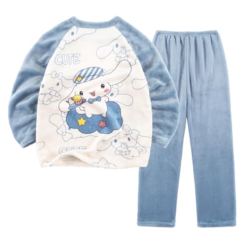 Cartoon Fleece Pajamas Set Petite Women Girls Lounge Set Comfy Sleepwear Long Sleeve Top and Pants 2 Piece PJ Sets, Blue, 2XS2