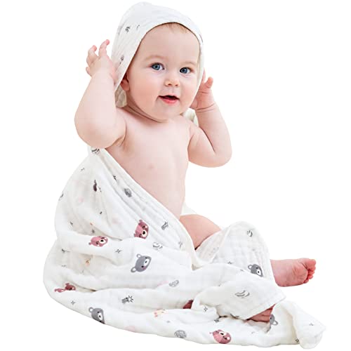 Image of Yoofoss Baby Hooded Bath Towel 32x32in Large Bath Towel Muslin 6 Layers Cute Pattern for Boy Girls Soft Absorbent (Brown Bear)