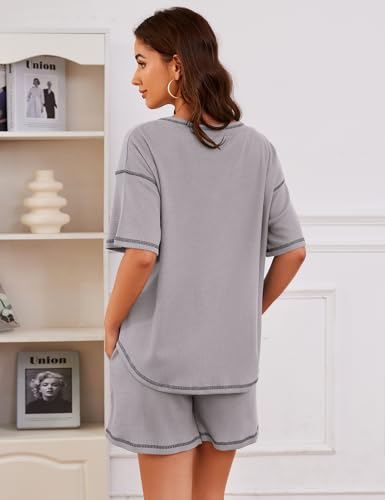 Image of Womens Pajama Sets Waffle Knit 2 Piece Short Lounge Set Cute Sleep Loungewear Pjs Set Short Sleeve Top and Shorts
