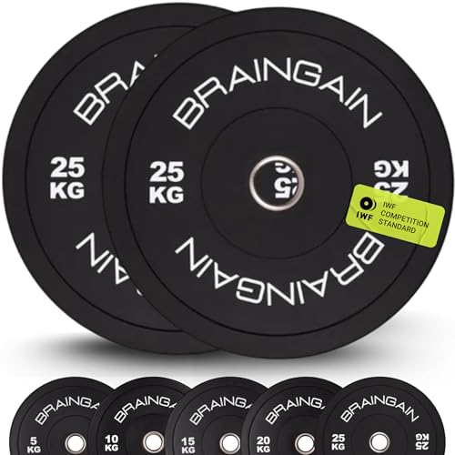 BRAINGAIN Disques Bumper Olympiques – Tailles Multiples – Disques de Poids 2" pour Entraînement de Force avec Barre -1,5kg 2,5kg 5kg 10kg 15kg 20kg 25kg 100kg 150kg (Paire/Set) (Noir, 2 x 25kg)