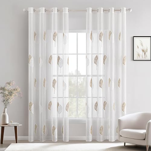 MIULEE Rideaux Voilage avec Beau Motif de Feuilles Couleur Lin et Blanc, Intérieurs Rideau Voile Brodé a Oeillets Largeur 140 CM Hauteur 225, Transparent...