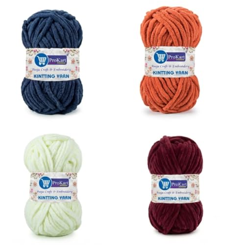 Image of ProKart - Blankie Plush & Cuddly Chenille Yarn for Knitting | Super Soft Velvet Pastel Yarn for Blankets, Baby Toys & DIY Crafts | 100g, Pack of 4 (Navy Blue, Mustard Yellow, Off White, Maroon)