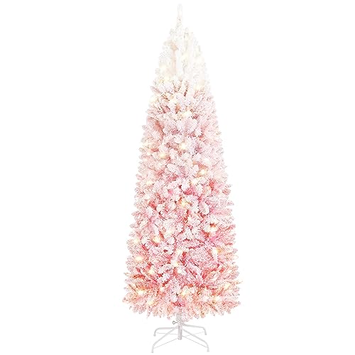 Yaheetech 6ft Pre-lit Snow Flocked Pencil Christmas Tree Fir Hinged Slim Corner Xmas Tree Holiday...