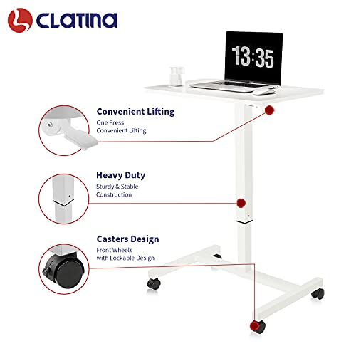Image of CLATINA Mobile Standing Desk Adjustable Height, Portable Rolling Table on Lockable Wheels for Home Office Computer Workstation 28 inch x 19 inch Round Edge Design Elegant (White)