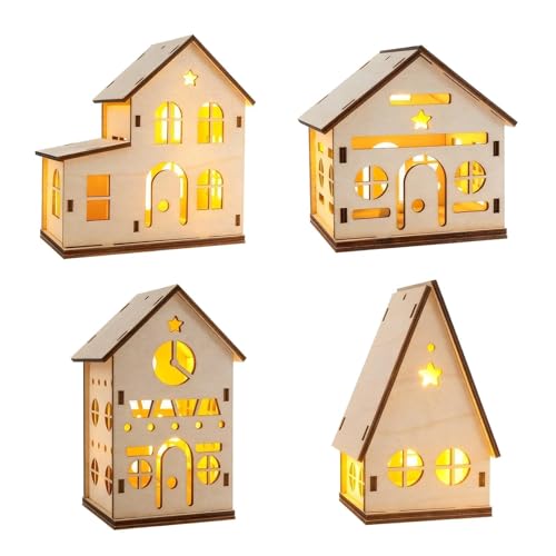 Aitsite 4 peças cidade natalícia madeira com luz LED, casa de Natal cidade natalícia, Natal decoração de casa interior, ornamentos natalícios casa casas natalícias, casa de Natal luminosa aldeia de natural