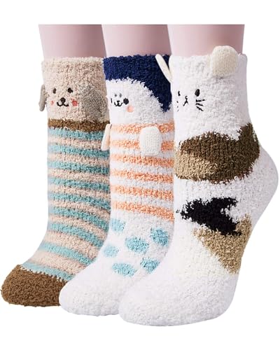 Loritta 3 Pairs Womens Fuzzy Socks Winter Warm Fluffy Soft Slipper Home Sleeping Cute Animal Socks,Cute Animal
