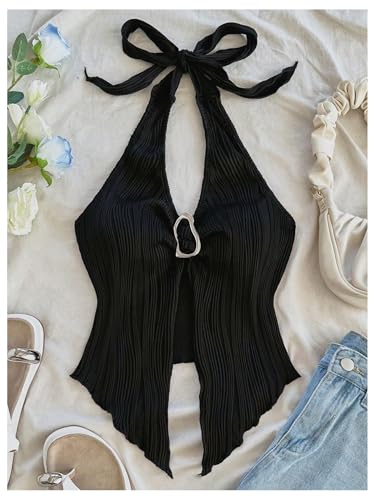 Milumia Women's Y2k V Neck Halter Top Tie Backless Slit Hem Buckle Tank Tops3