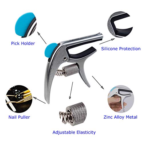 Guitto Guitar Capo for Acoustic and Electric Guitars, GGC-02 Creative 3 in 1 Guitar Capo with Pick Holder for Ukulele, Mandolin, Banjo, Classical Guitar Accessories (Silver) - Thumbnail 2