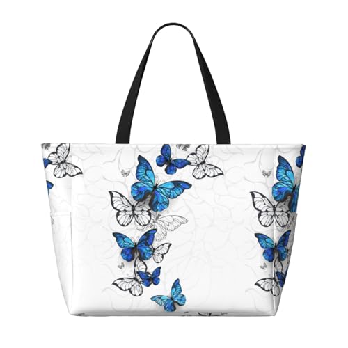 Blue Flying Butterflies Print Large Beach Tote Bag for Women Extra Large Capacity Sandproof Waterproof Pool Bag Suitable for Swimming Pool Gym Groceries Travel2